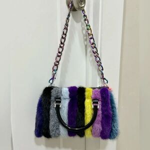 Multi Way Use Handmade Color-block Real Mink Fur Top Handles Satchel/Crossbody